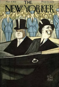 Cartoon New Yorker magazine cover with caricature depictions of Hoover and Roosevelt seating in a car among a crowd.